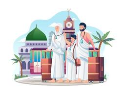 A Muslim Family pilgrim wearing ihram clothes with a suitcase just arrived in mecca to perform Hajj or umrah Pilgrimage. Vector illustration in flat style