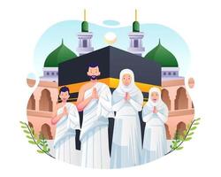 una familia musulmana viste ropa de ihram saludando y realizando la peregrinación hajj o umrah con kaaba en el fondo de makkah. ilustración vectorial en estilo plano vector