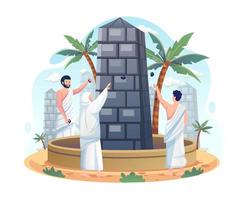 Muslim pilgrims are throwing stones at the devil pillar or Jamarat walls in the Islamic hajj pilgrimage. One of Islam's sacred pilgrimage steps. Vector illustration in flat style