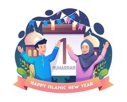 Muslim people celebrate Islamic New Year or Hijri New Year. Happy 1st Muharram Islam New year. Vector illustration in flat style