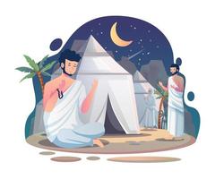 Muslim pilgrims praying and resting at the Mina tents area. One of Islam's sacred pilgrimage routes.  Hajj or Umrah Pilgrimage concept. Vector illustration in flat style