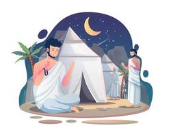 peregrinos musulmanes rezando y descansando en la zona de tiendas de la mina. una de las rutas de peregrinaje sagradas del islam. concepto de peregrinación hajj o umrah. ilustración vectorial en estilo plano vector