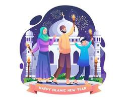Muslim People are celebrating the Islamic new year by holding a torch parade. Happy Islamic New Year or Hijri New Year 1st Muharram. Vector illustration in flat style