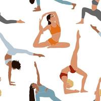 Mujeres jóvenes abstractas que ejercen un patrón sin costuras de yoga. hacer yoga meditación practicar estilo de dibujos animados. fondo de entrenamiento de ejercicio. imágenes de actividades de fitness matutinas de estilo de vida saludable. tranquilidad, relax. vector