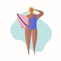 Young happy woman surfer in Swimsuit with surfboard in her hands. Active recreation, water sports. Summer vacation. Tropical vacation, tourist, travel. Hand drawn flat illustration. vector