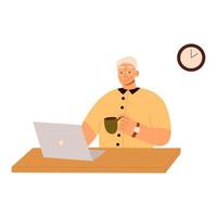 Cute old man working on laptop computer at home. Elderly person study to work on notebook or computer. Active life, modern technology, old age, work remotely, freelance. Flat illustration. vector