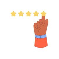 User hand pointing on survey form and choosing yellow star. Five star positive customer review, feedback. Customer experience and satisfaction, online evaluation. Modern flat  illustration. vector