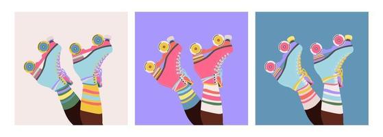 juego de patines en piernas de mujer con calcetines largos. chicas con patines. ilustración de moda dibujada a mano de piernas y patines. piernas femeninas diseño de banner web en color pastel. cartel moderno.