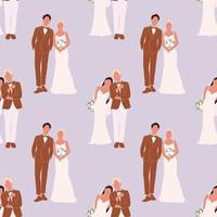 Seamless pattern of abstract silhouette of wedding couple groom and bride. Woman with bouquet and man portrait. Invitation card. Wedding ceremony. Marriage people illustration. Newlyweds vector