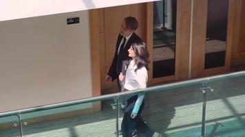 Businesswoman and businessman walking in the hallway. Businessman and businesswoman holding laptop are walking down the hall chatting. video