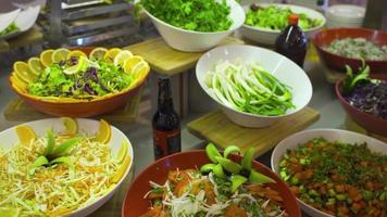 Open buffet salads, hotel concept. Salads at the open buffet at the hotel lunch. video