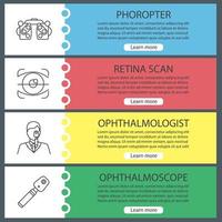 Ophtalmology web banner templates set. Phoropter, retina scan, ophthalmologist, ophthalmoscope. Website color menu items with linear icons. Vector headers design concepts