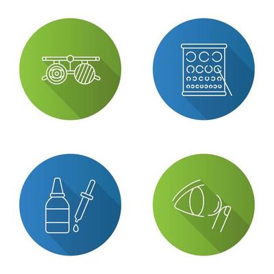 Ophtalmology flat linear long shadow icons set. Exam glasses, Landolt chart, eye drops and dropper, contact lens. Vector outline illustration