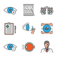 Ophthalmology color icons set. Hyperopia, Landolt chart, phoropter, medical report, contact lenses, retina scan, myopia, eye anatomy, ophthalmologist. Isolated vector illustrations