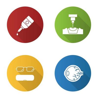 Ophthalmology flat design long shadow glyph icons set. Eye drops, laser surgery, eyeglasses case, sore eye. Vector silhouette illustration