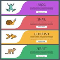 Pets web banner templates set. Frog, snail, goldfish, ferret. Website color menu items. Vector headers design concepts