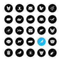 Pets glyph icons set. Exotic animals. Rodents, birds, reptiles, insects, dogs, cats. Vector white silhouettes illustrations in black circles