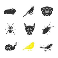 conjunto de iconos de glifo de mascotas. cavy, periquito, pug, araña, doberman pinscher, cucaracha, caracol, canario, iguana. símbolos de silueta. ilustración vectorial aislada vector