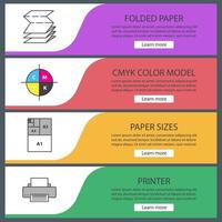 Printing web banner templates set. Polygraphy and typography. Folded paper, cmyk color model, paper sizes, printer. Website color menu items. Vector headers design concepts