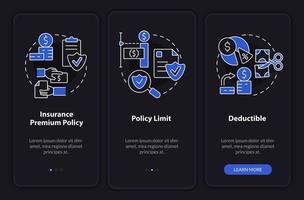 Insurance components night mode onboarding mobile app screen. Protection walkthrough 3 steps graphic instructions pages with linear concepts. UI, UX, GUI template. vector