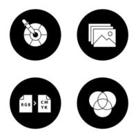 Printing glyph icons set. Polygraphy and typography. Color picker tool, digital images, color models conversion, overlapping circles. Vector white silhouettes illustrations in black circles