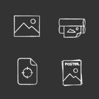 Printing chalk icons set. Polygraphy and typography. Digital image, offset printer, printing registration mark, poster. Isolated vector chalkboard illustrations