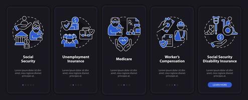 Federal social insurance night mode onboarding mobile app screen. Walkthrough 5 steps graphic instructions pages with linear concepts. UI, UX, GUI template. vector