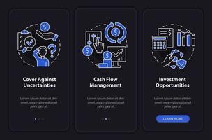 Benefits of insurance service night mode onboarding mobile app screen. Walkthrough 3 steps graphic instructions pages with linear concepts. UI, UX, GUI template. vector