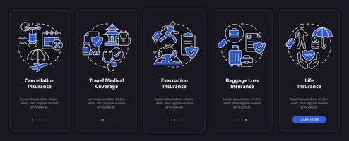 Types of travel insurance night mode onboarding mobile app screen. Walkthrough 5 steps graphic instructions pages with linear concepts. UI, UX, GUI template. vector