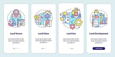 Managing processes onboarding mobile app screen. Land tenure and value walkthrough 4 steps graphic instructions pages with linear concepts. UI, UX, GUI template. vector