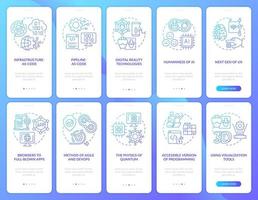 Macro trends blue gradient onboarding mobile app screen set. Tendencies walkthrough 5 steps graphic instructions pages with linear concepts. UI, UX, GUI template. vector