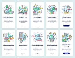 Conjunto de pantalla de aplicación móvil de incorporación de gestión de tierras. tutorial de planificación ambiental 5 pasos páginas de instrucciones gráficas con conceptos lineales. interfaz de usuario, ux, plantilla de interfaz gráfica de usuario. vector