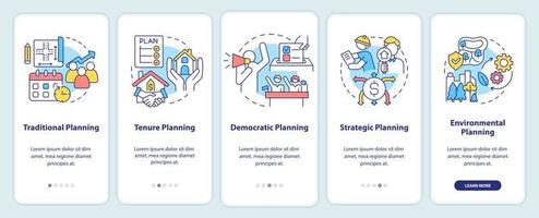 tipos de pantalla de aplicación móvil de incorporación de planificación. tutorial de planificación de la tenencia páginas de instrucciones gráficas de 5 pasos con conceptos lineales. interfaz de usuario, ux, plantilla de interfaz gráfica de usuario. vector