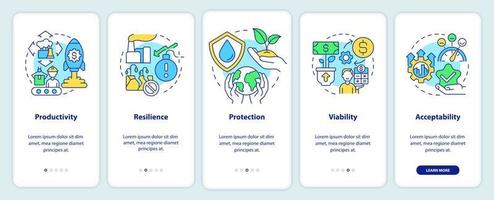 Sustainable land management objectives onboarding mobile app screen. Walkthrough 5 steps graphic instructions pages with linear concepts. UI, UX, GUI template. vector