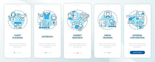 PR services for organizations blue onboarding mobile app screen. Walkthrough 5 steps graphic instructions pages with linear concepts. UI, UX, GUI template. vector