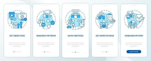 Hiring PR firm blue onboarding mobile app screen. Choose agency walkthrough 5 steps graphic instructions pages with linear concepts. UI, UX, GUI template. vector