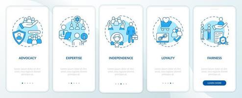 PR code of ethics blue onboarding mobile app screen. Principles walkthrough 5 steps graphic instructions pages with linear concepts. UI, UX, GUI template. vector