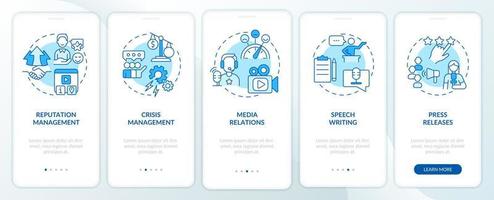 PR services types blue onboarding mobile app screen. Business promotion walkthrough 5 steps graphic instructions pages with linear concepts. UI, UX, GUI template. vector