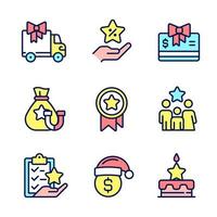 Financial compensation pixel perfect RGB color icons set. Discounts, offers. Marketing strategy. Engagement. Isolated vector illustrations. Simple filled line drawings collection. Editable stroke