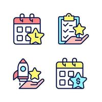 Employee bonus program pixel perfect RGB color icons set. Workplace incentive and retention. Time off reward. Isolated vector illustrations. Simple filled line drawings collection. Editable stroke