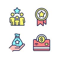 Cash awards pixel perfect RGB color icons set. Benefits program. Family bonus. Big financial reward. Isolated vector illustrations. Simple filled line drawings collection. Editable stroke