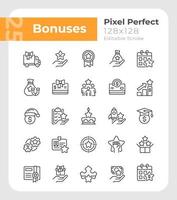 Bonuses pixel perfect linear icons set. Special payment. Employee reward. Customizable thin line symbols. Isolated vector outline illustrations. Editable stroke.