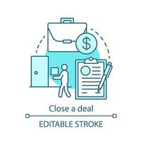 Close a deal concept icon. Transaction making idea thin line illustration. E commerce. Business management. CRM system software. Vector isolated outline drawing. Editable stroke
