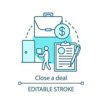 Close a deal concept icon. Transaction making idea thin line illustration. E commerce. Business management. CRM system software. Vector isolated outline drawing. Editable stroke