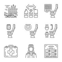 Aviation services linear icons set. Airplane comfortable seating. Stewardess, first aid kit. Jet safeness. Aircraft. Thin line contour symbols. Isolated vector outline illustrations. Editable stroke
