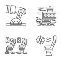 Aviation services linear icons set. Plane conditioning system. Airplane comfortable seating. Passengers at salon. Thin line contour symbols. Isolated vector outline illustrations. Editable stroke