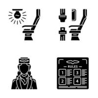 Aviation services glyph icons set. Flight rules, seat light, airplane comfortable seating, stewardess. Jet safeness. Aircraft. Airline facilities. Silhouette symbols. Vector isolated illustration