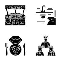 Aviation services glyph icons set. Aircrew, airplane toilet, flight breakfast, pilot cockpit. Aircraft travel staff. Journey. Airline facilities. Silhouette symbols. Vector isolated illustration