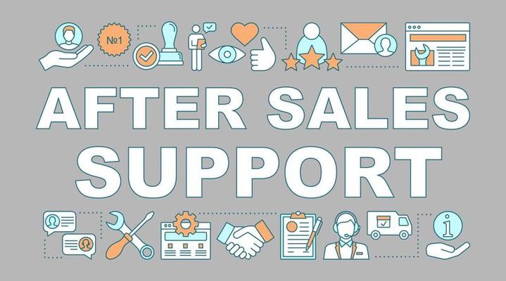 After sales support word concepts banner. Help desk service. Product guarantee. Call center. Presentation, website. Isolated lettering typography idea with linear icons. Vector outline illustration