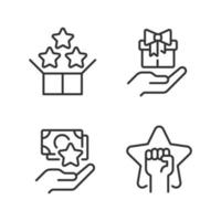 Effective sales strategy pixel perfect linear icons set. Bundle service. Free gift. Cash bonus. Motivation. Customizable thin line symbols. Isolated vector outline illustrations. Editable stroke